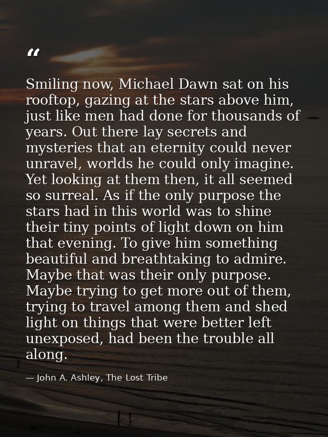 Smiling now, Michael Dawn sat on his rooftop, gazing at the stars above him, just like men had done for thousands of yea — John A. Ashley, The Lost Tribe