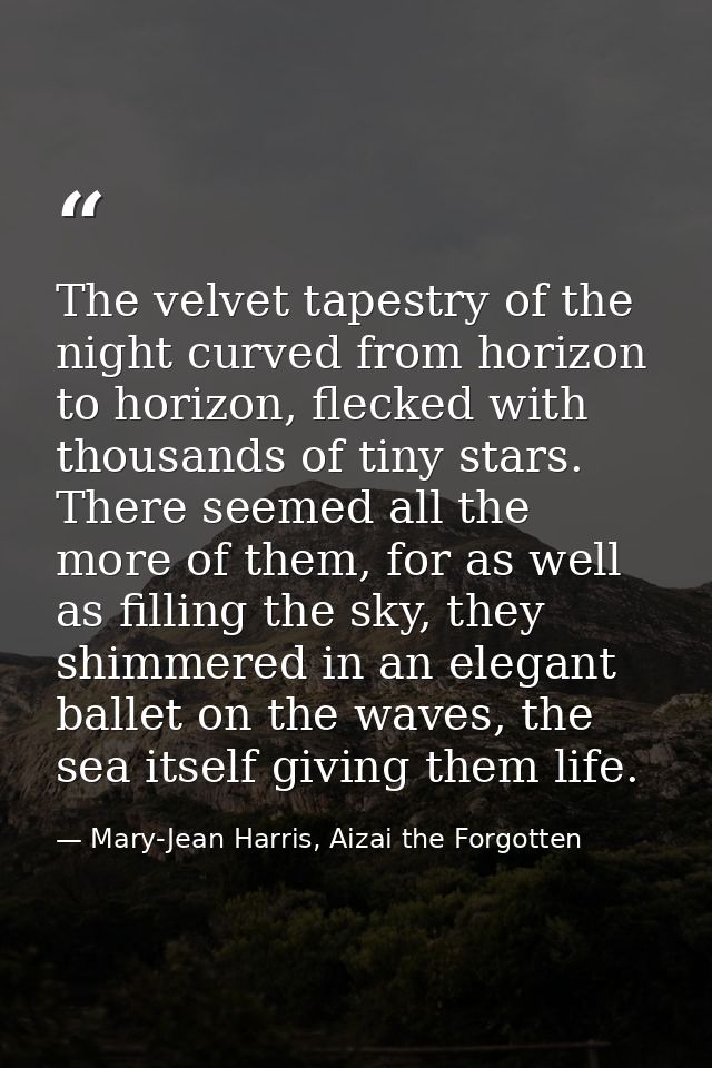 The velvet tapestry of the night curved from horizon to horizon, flecked with thousands of tiny stars. There seemed all  — Mary-Jean Harris, Aizai the Forgotten