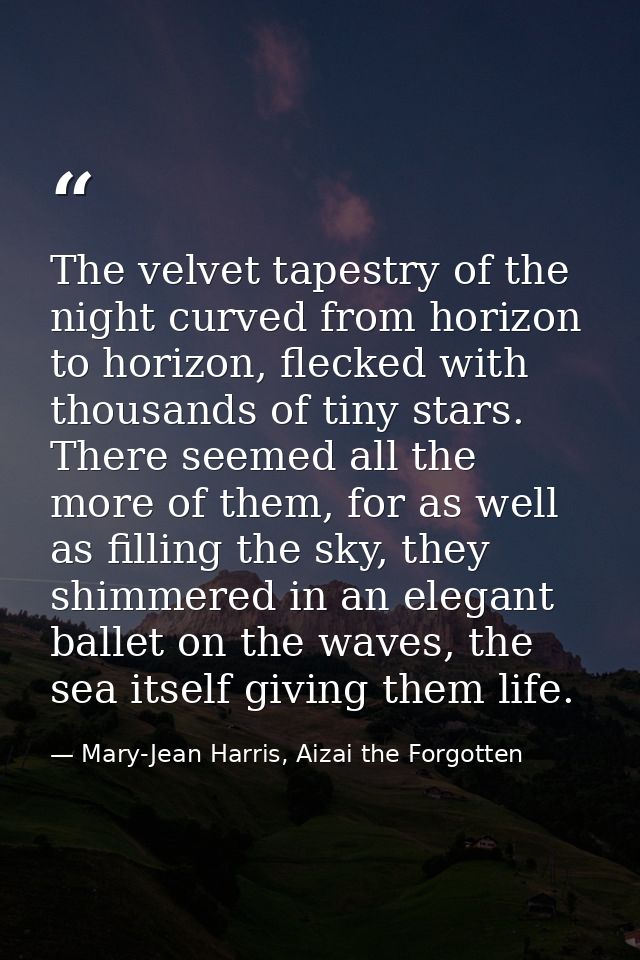 The velvet tapestry of the night curved from horizon to horizon, flecked with thousands of tiny stars. There seemed all  — Mary-Jean Harris, Aizai the Forgotten