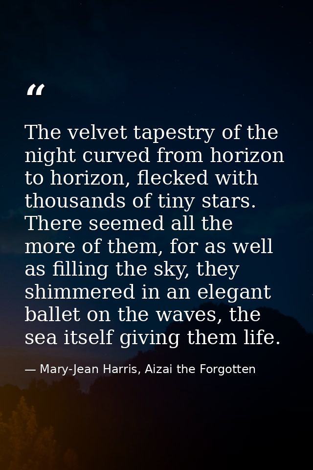The velvet tapestry of the night curved from horizon to horizon, flecked with thousands of tiny stars. There seemed all  — Mary-Jean Harris, Aizai the Forgotten