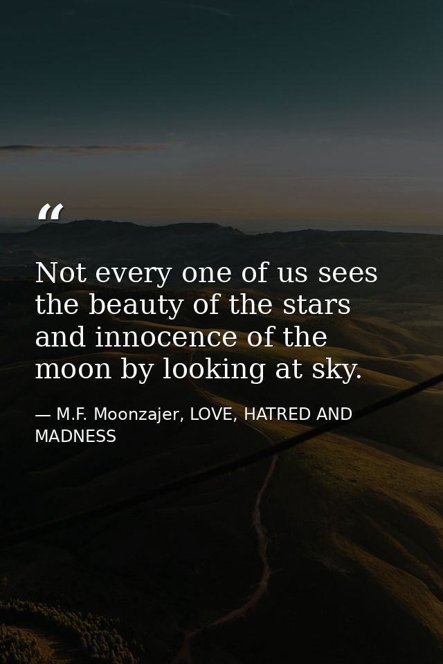 Not every one of us sees the beauty of the stars and innocence of the moon by looking at sky. — M.F. Moonzajer, LOVE, HATRED AND MADNESS