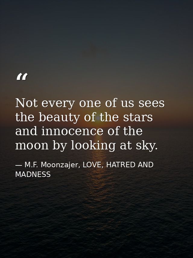 Not every one of us sees the beauty of the stars and innocence of the moon by looking at sky. — M.F. Moonzajer, LOVE, HATRED AND MADNESS