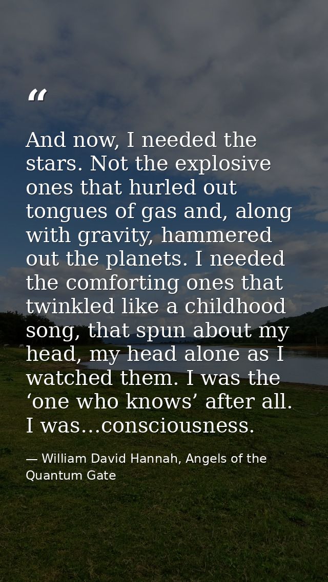And now, I needed the stars. Not the explosive ones that hurled out tongues of gas and, along with gravity, hammered out — William David Hannah, Angels of the Quantum Gate