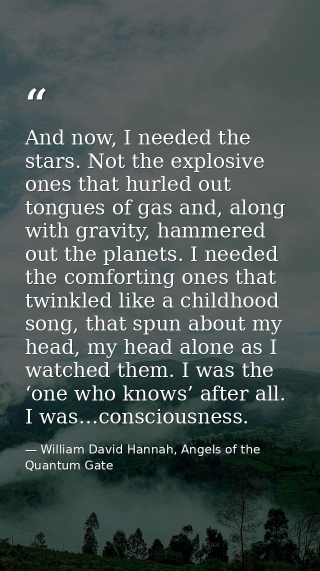 And now, I needed the stars. Not the explosive ones that hurled out tongues of gas and, along with gravity, hammered out — William David Hannah, Angels of the Quantum Gate