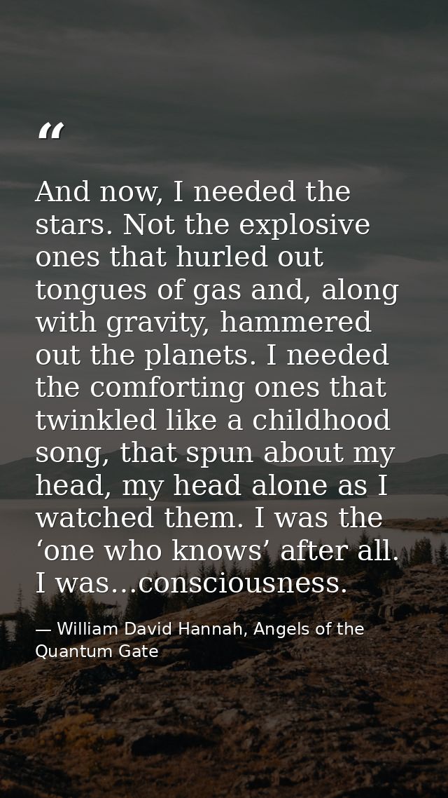 And now, I needed the stars. Not the explosive ones that hurled out tongues of gas and, along with gravity, hammered out — William David Hannah, Angels of the Quantum Gate