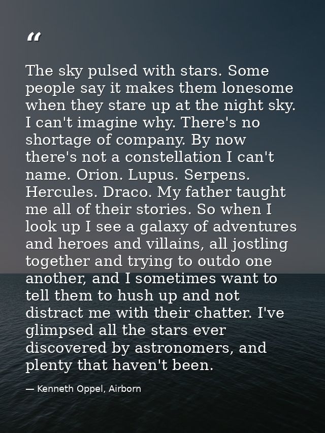 The sky pulsed with stars. Some people say it makes them lonesome when they stare up at the night sky. I can't imagine w — Kenneth Oppel, Airborn