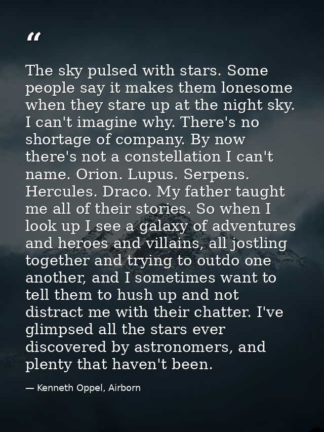 The sky pulsed with stars. Some people say it makes them lonesome when they stare up at the night sky. I can't imagine w — Kenneth Oppel, Airborn