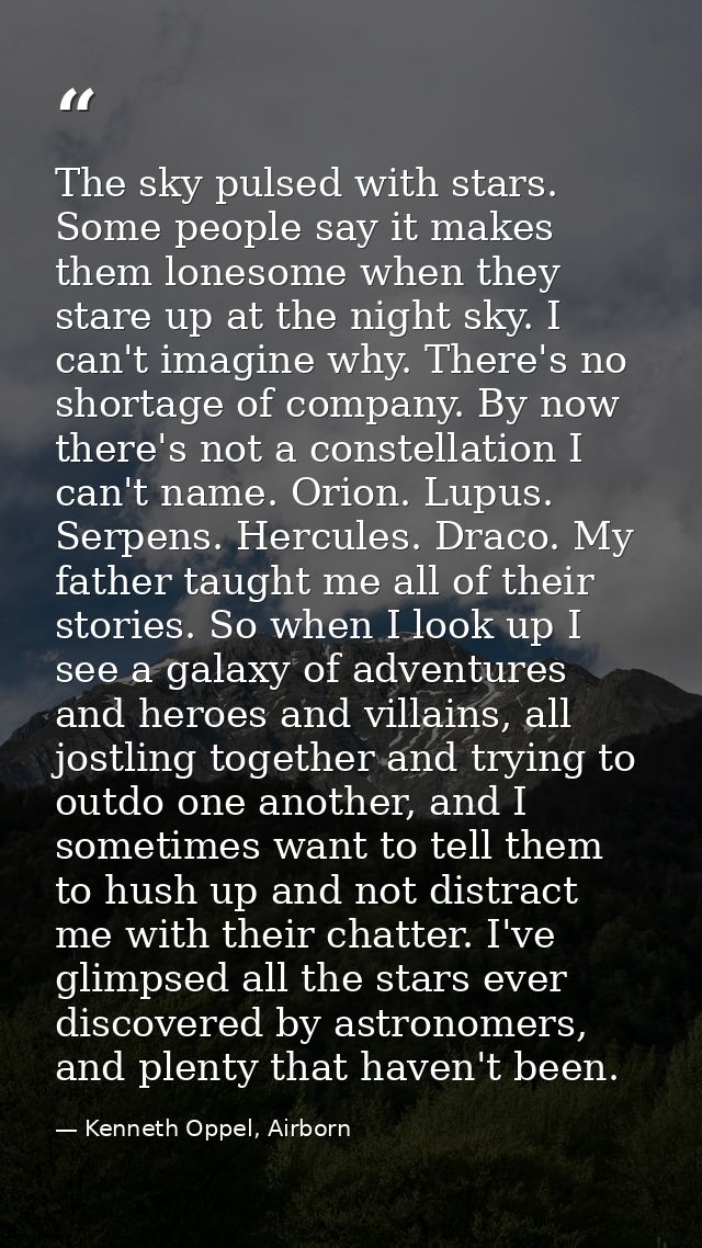 The sky pulsed with stars. Some people say it makes them lonesome when they stare up at the night sky. I can't imagine w — Kenneth Oppel, Airborn