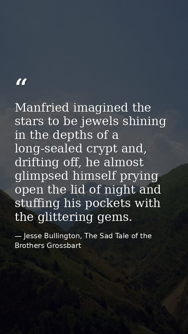 Manfried imagined the stars to be jewels shining in the depths of a long-sealed crypt and, drifting off, he almost glimp — Jesse Bullington, The Sad Tale of the Brothers Grossbart