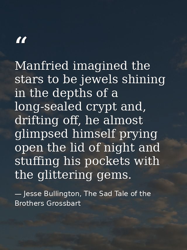 Manfried imagined the stars to be jewels shining in the depths of a long-sealed crypt and, drifting off, he almost glimp — Jesse Bullington, The Sad Tale of the Brothers Grossbart