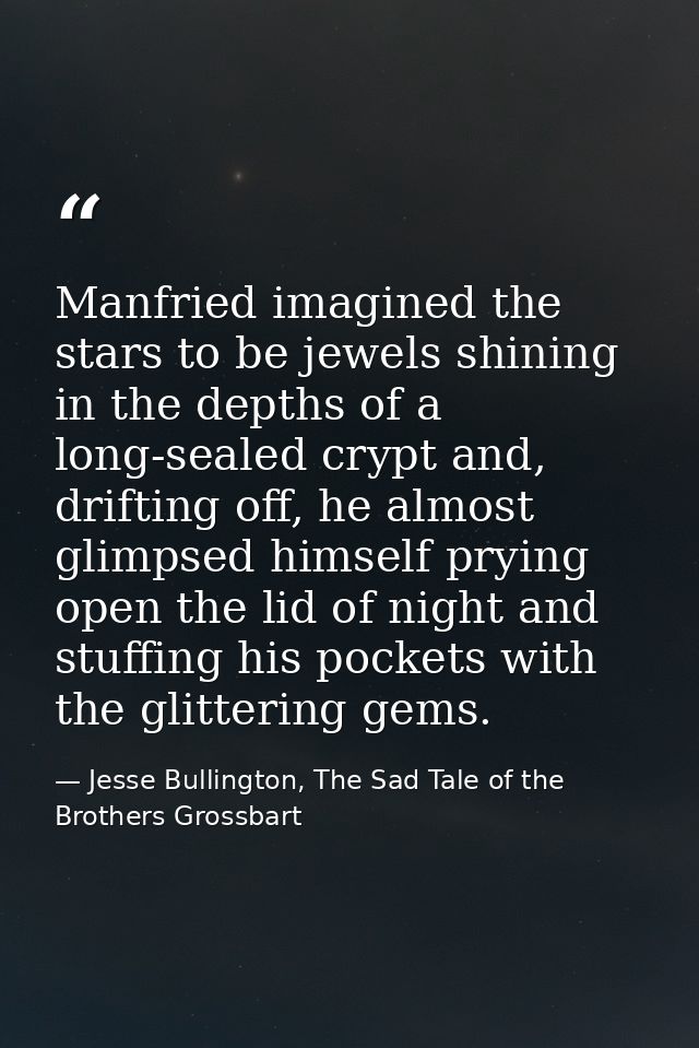 Manfried imagined the stars to be jewels shining in the depths of a long-sealed crypt and, drifting off, he almost glimp — Jesse Bullington, The Sad Tale of the Brothers Grossbart