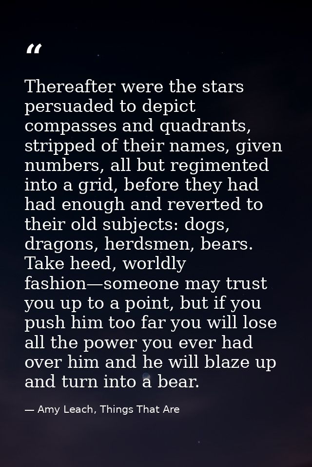 Thereafter were the stars persuaded to depict compasses and quadrants, stripped of their names, given numbers, all but r — Amy Leach, Things That Are