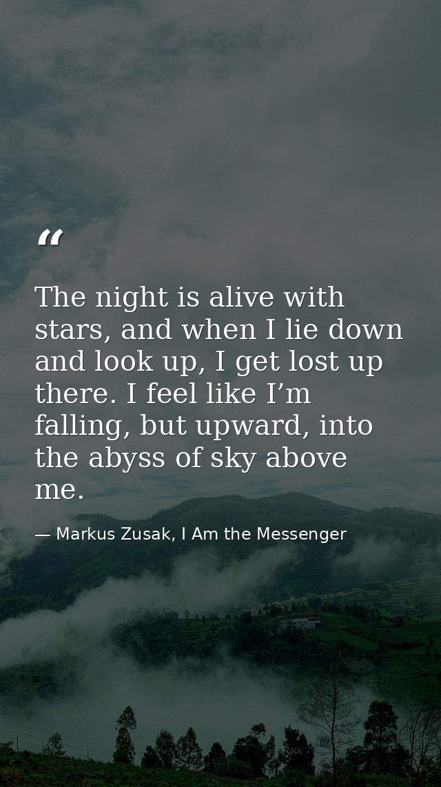 The night is alive with stars, and when I lie down and look up, I get lost up there. I feel like I’m falling, but upward — Markus Zusak, I Am the Messenger