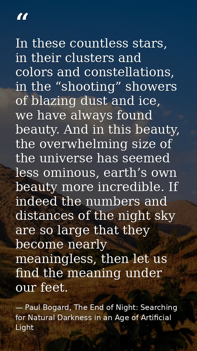In these countless stars, in their clusters and colors and constellations, in the “shooting” showers of blazing dust and — Paul Bogard, The End of Night: Searching for Natural Darkness in an Age of Artificial Light