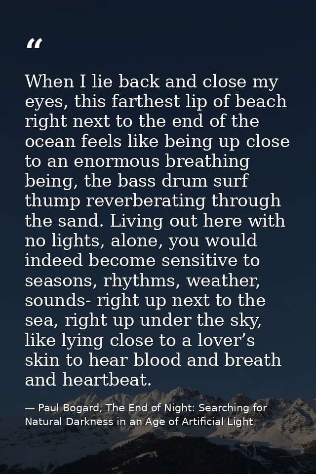 When I lie back and close my eyes, this farthest lip of beach right next to the end of the ocean feels like being up clo — Paul Bogard, The End of Night: Searching for Natural Darkness in an Age of Artificial Light
