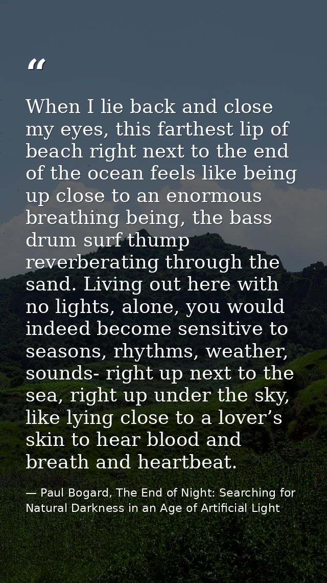When I lie back and close my eyes, this farthest lip of beach right next to the end of the ocean feels like being up clo — Paul Bogard, The End of Night: Searching for Natural Darkness in an Age of Artificial Light