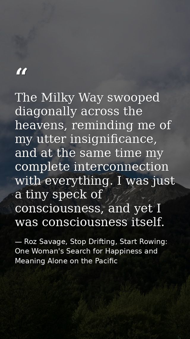 The Milky Way swooped diagonally across the heavens, reminding me of my utter insignificance, and at the same time my co — Roz Savage, Stop Drifting, Start Rowing: One Woman's Search for Happiness and Meaning Alone on the Pacific