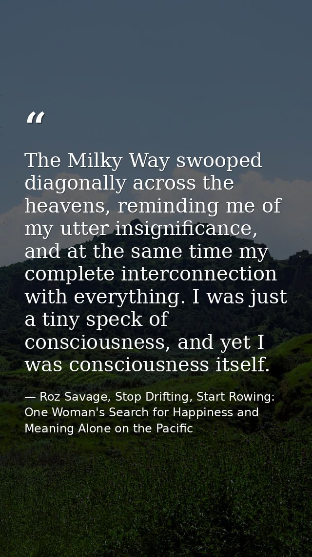 The Milky Way swooped diagonally across the heavens, reminding me of my utter insignificance, and at the same time my co — Roz Savage, Stop Drifting, Start Rowing: One Woman's Search for Happiness and Meaning Alone on the Pacific