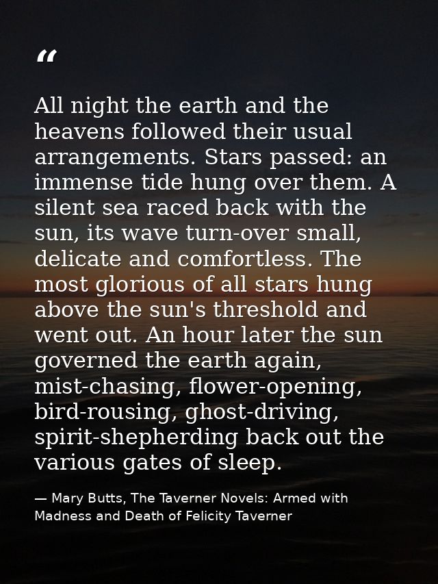 All night the earth and the heavens followed their usual arrangements. Stars passed: an immense tide hung over them. A s — Mary Butts, The Taverner Novels: Armed with Madness and Death of Felicity Taverner