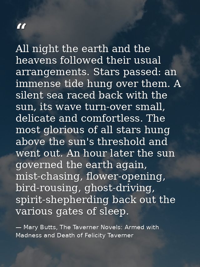 All night the earth and the heavens followed their usual arrangements. Stars passed: an immense tide hung over them. A s — Mary Butts, The Taverner Novels: Armed with Madness and Death of Felicity Taverner