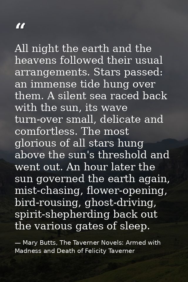 All night the earth and the heavens followed their usual arrangements. Stars passed: an immense tide hung over them. A s — Mary Butts, The Taverner Novels: Armed with Madness and Death of Felicity Taverner