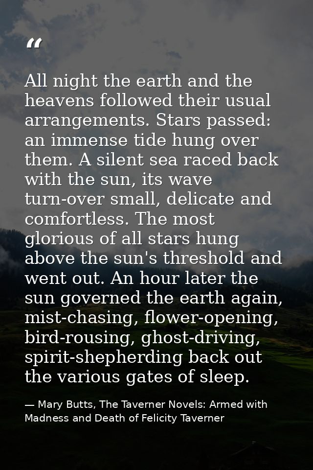 All night the earth and the heavens followed their usual arrangements. Stars passed: an immense tide hung over them. A s — Mary Butts, The Taverner Novels: Armed with Madness and Death of Felicity Taverner