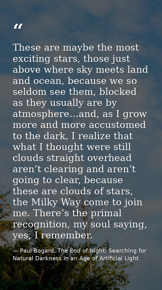 These are maybe the most exciting stars, those just above where sky meets land and ocean, because we so seldom see them, — Paul Bogard, The End of Night: Searching for Natural Darkness in an Age of Artificial Light