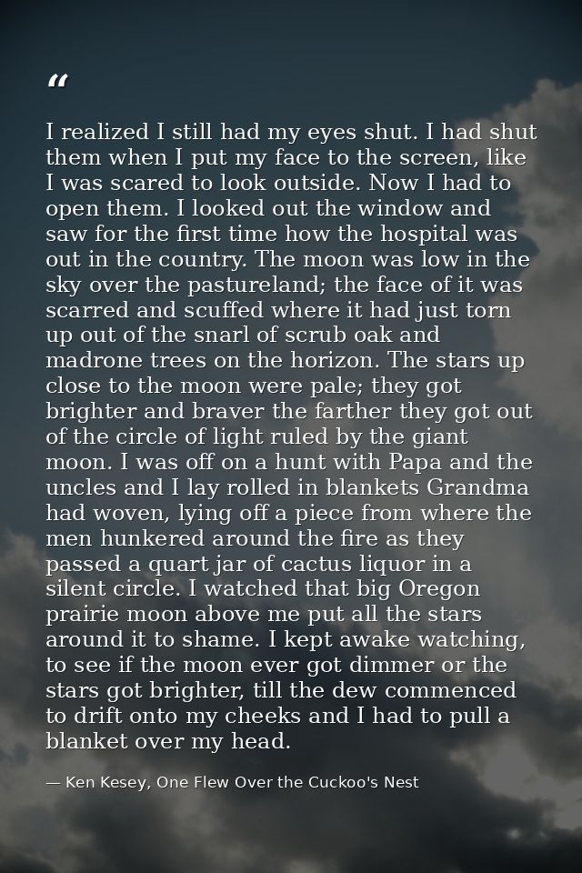 I realized I still had my eyes shut. I had shut them when I put my face to the screen, like I was scared to look outside — Ken Kesey, One Flew Over the Cuckoo's Nest