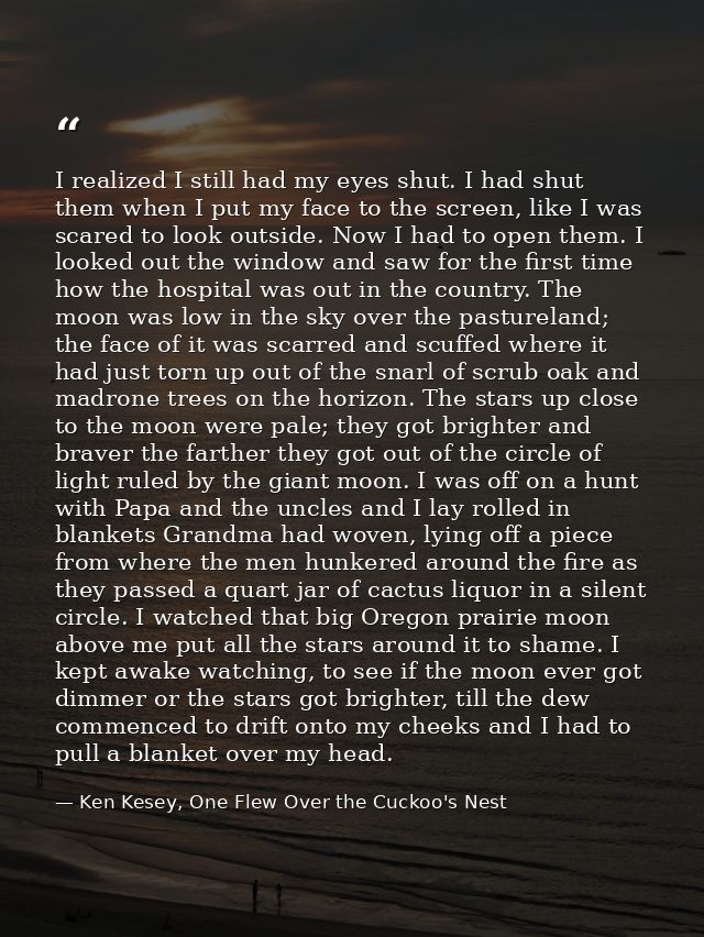 I realized I still had my eyes shut. I had shut them when I put my face to the screen, like I was scared to look outside — Ken Kesey, One Flew Over the Cuckoo's Nest