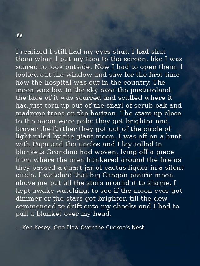 I realized I still had my eyes shut. I had shut them when I put my face to the screen, like I was scared to look outside — Ken Kesey, One Flew Over the Cuckoo's Nest