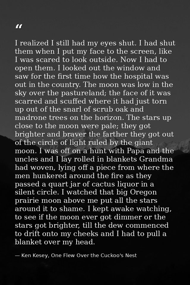 I realized I still had my eyes shut. I had shut them when I put my face to the screen, like I was scared to look outside — Ken Kesey, One Flew Over the Cuckoo's Nest