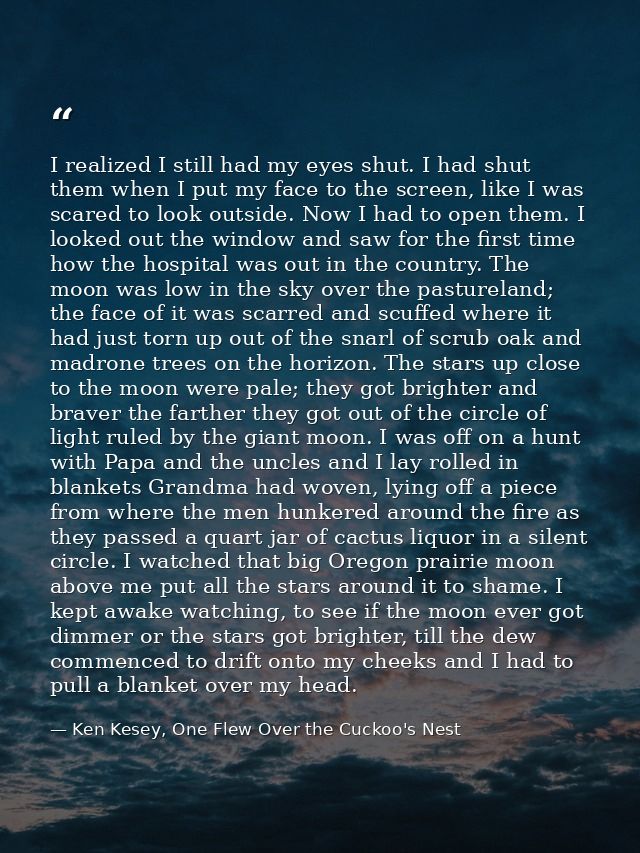 I realized I still had my eyes shut. I had shut them when I put my face to the screen, like I was scared to look outside — Ken Kesey, One Flew Over the Cuckoo's Nest