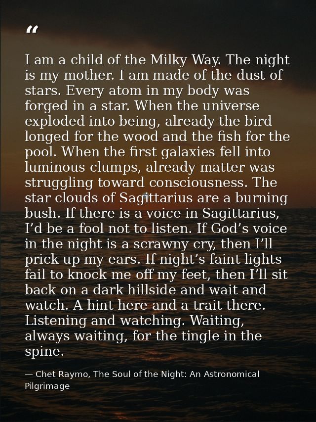 I am a child of the Milky Way. The night is my mother. I am made of the dust of stars. Every atom in my body was forged  — Chet Raymo, The Soul of the Night: An Astronomical Pilgrimage