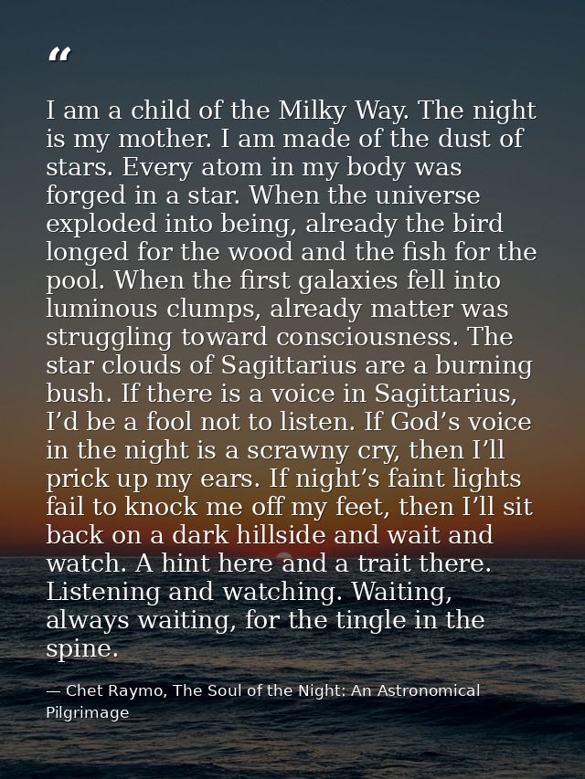 I am a child of the Milky Way. The night is my mother. I am made of the dust of stars. Every atom in my body was forged  — Chet Raymo, The Soul of the Night: An Astronomical Pilgrimage