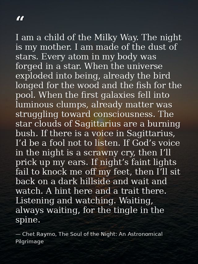 I am a child of the Milky Way. The night is my mother. I am made of the dust of stars. Every atom in my body was forged  — Chet Raymo, The Soul of the Night: An Astronomical Pilgrimage