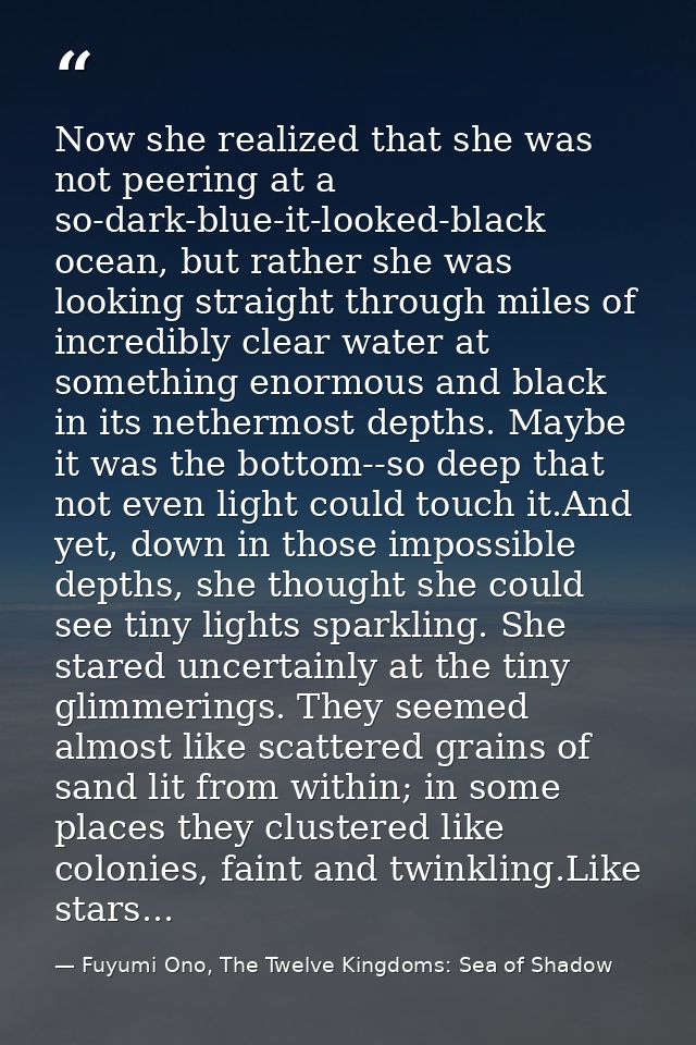Now she realized that she was not peering at a so-dark-blue-it-looked-black ocean, but rather she was looking straight t — Fuyumi Ono, The Twelve Kingdoms: Sea of Shadow