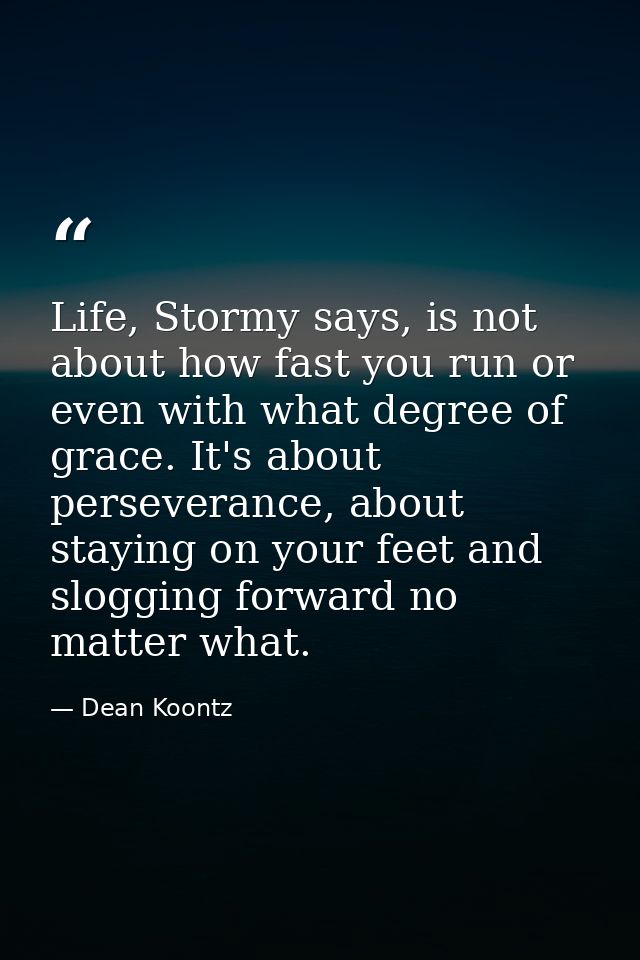Life, Stormy says, is not about how fast you run or even with what degree of grace. It's about perseverance, about stayi — Dean Koontz