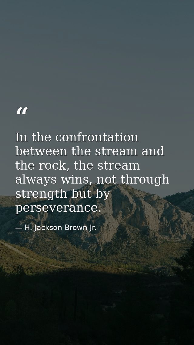 In the confrontation between the stream and the rock, the stream always wins, not through strength but by perseverance. — H. Jackson Brown Jr.