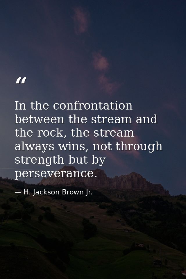 In the confrontation between the stream and the rock, the stream always wins, not through strength but by perseverance. — H. Jackson Brown Jr.