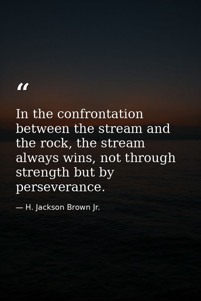 In the confrontation between the stream and the rock, the stream always wins, not through strength but by perseverance. — H. Jackson Brown Jr.