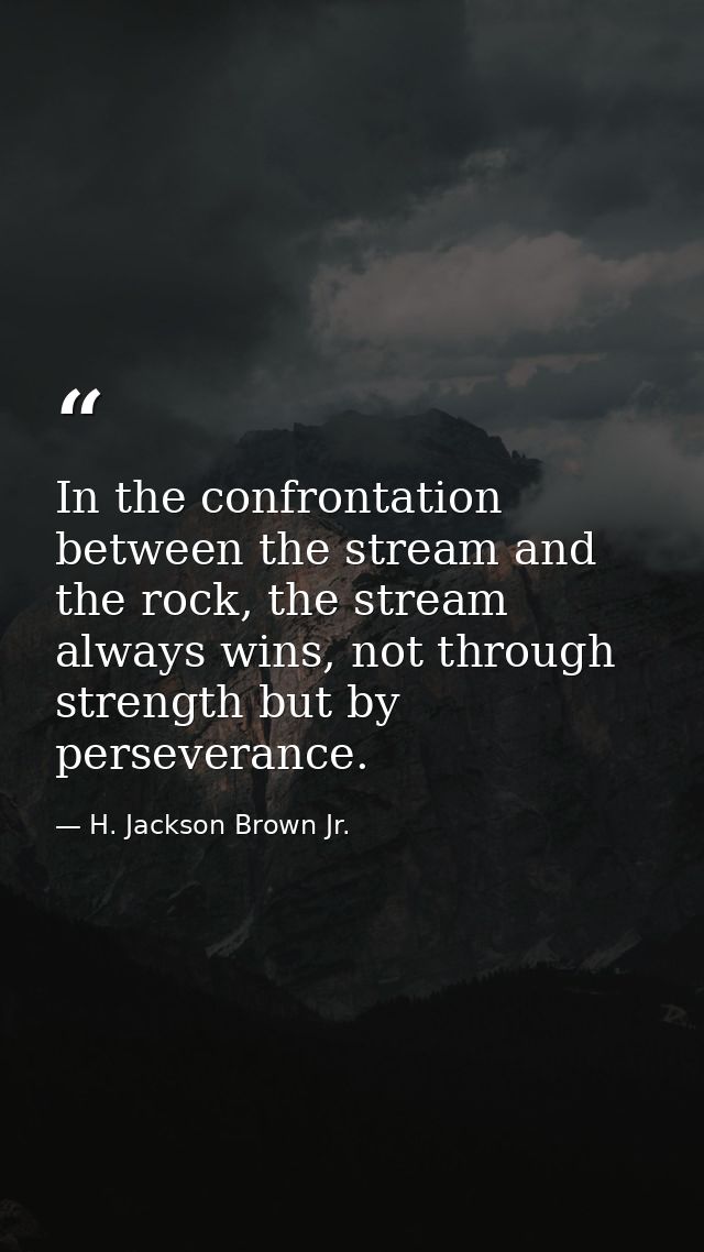 In the confrontation between the stream and the rock, the stream always wins, not through strength but by perseverance. — H. Jackson Brown Jr.