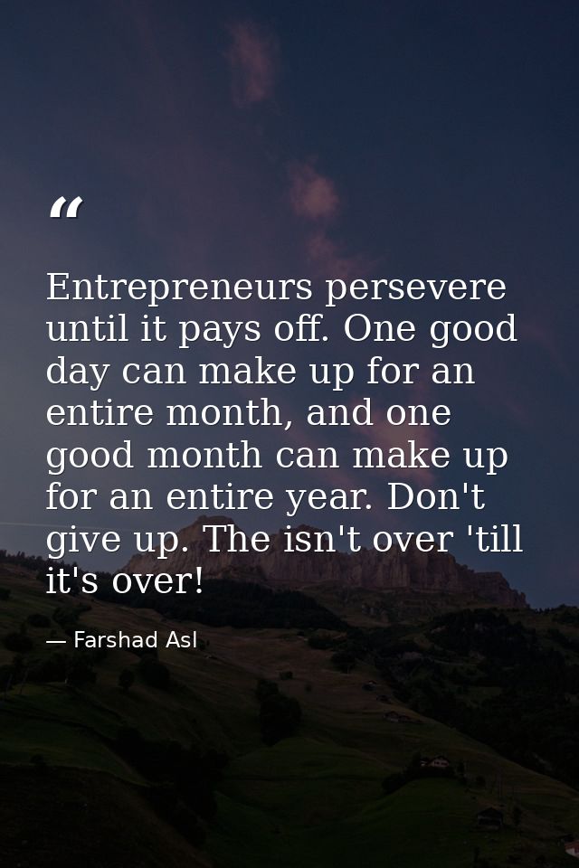 Entrepreneurs persevere until it pays off. One good day can make up for an entire month, and one good month can make up  — Farshad Asl