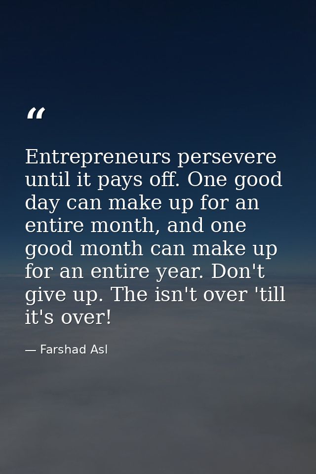 Entrepreneurs persevere until it pays off. One good day can make up for an entire month, and one good month can make up  — Farshad Asl