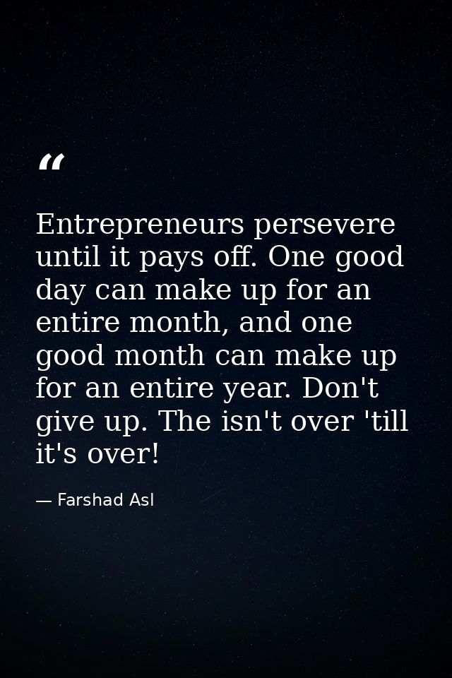 Entrepreneurs persevere until it pays off. One good day can make up for an entire month, and one good month can make up  — Farshad Asl