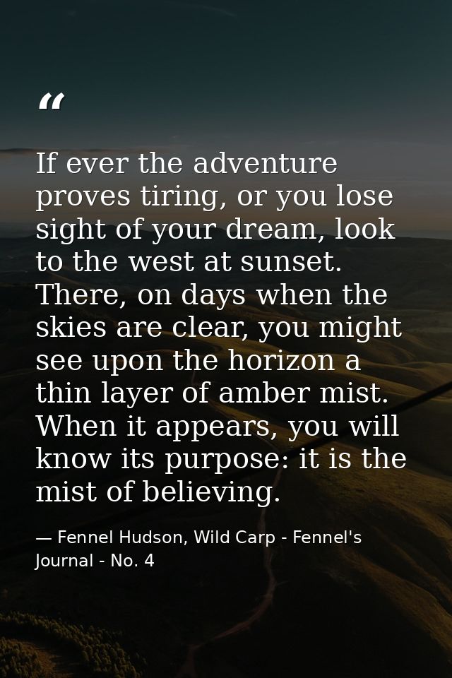 If ever the adventure proves tiring, or you lose sight of your dream, look to the west at sunset. There, on days when th — Fennel Hudson, Wild Carp - Fennel's Journal - No. 4