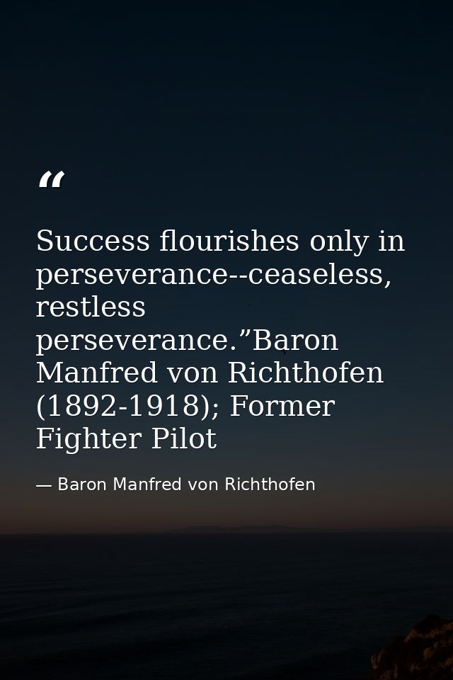 Success flourishes only in perseverance--ceaseless, restless perseverance.”Baron Manfred von Richthofen (1892-1918); For — Baron Manfred von Richthofen