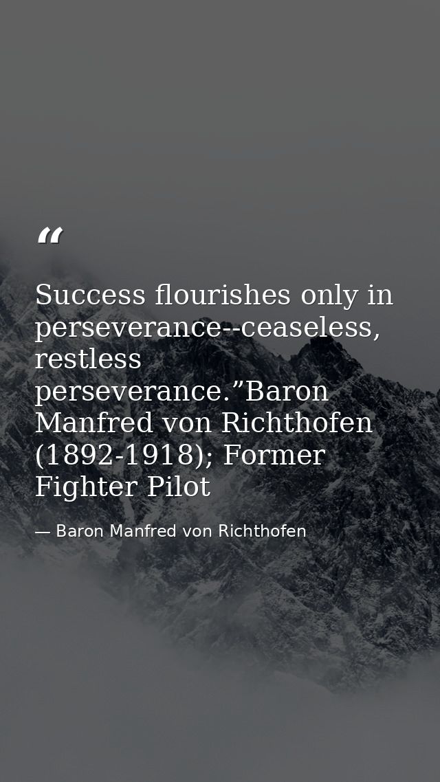 Success flourishes only in perseverance--ceaseless, restless perseverance.”Baron Manfred von Richthofen (1892-1918); For — Baron Manfred von Richthofen