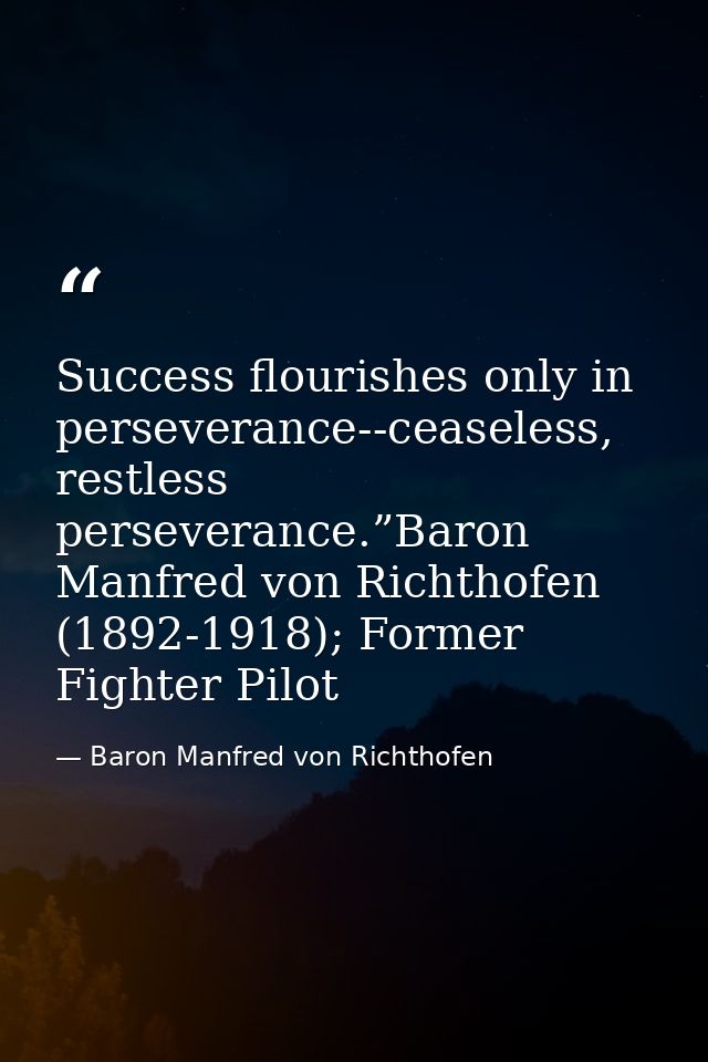 Success flourishes only in perseverance--ceaseless, restless perseverance.”Baron Manfred von Richthofen (1892-1918); For — Baron Manfred von Richthofen