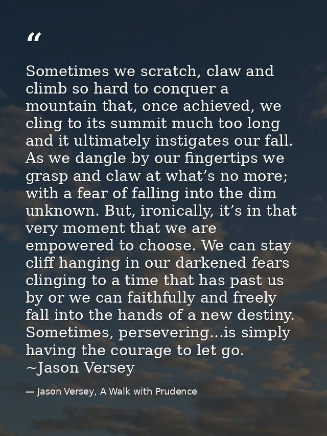 Sometimes we scratch, claw and climb so hard to conquer a mountain that, once achieved, we cling to its summit much too  — Jason Versey, A Walk with Prudence
