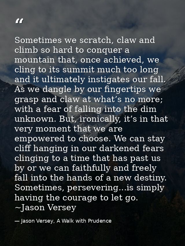 Sometimes we scratch, claw and climb so hard to conquer a mountain that, once achieved, we cling to its summit much too  — Jason Versey, A Walk with Prudence